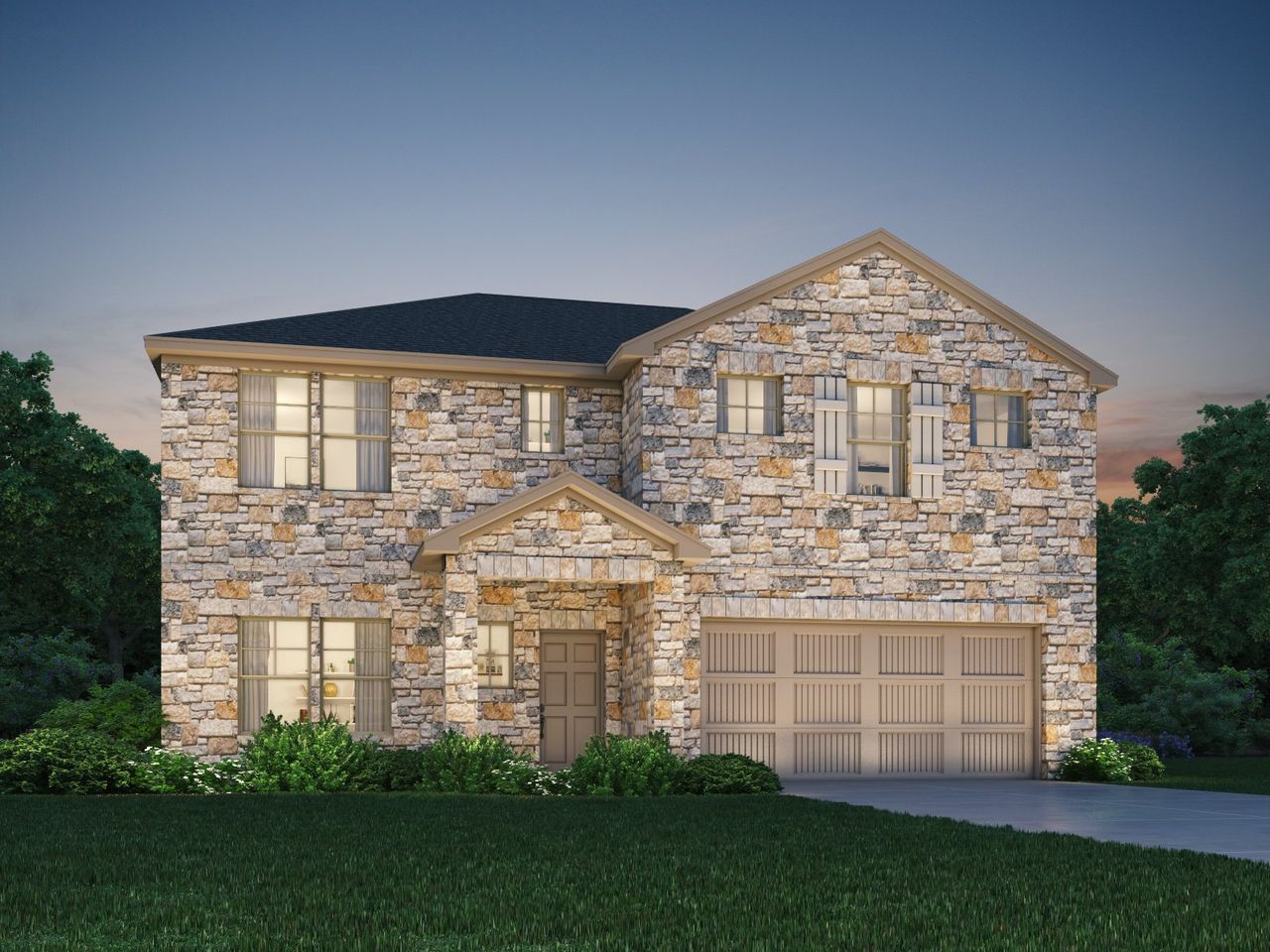 Representative exterior photo of a completed home built from the The McKinnon (451) by Meritage Homes in Butler Farms - Boulevard Collection, Liberty Hill, TX (Image 2).