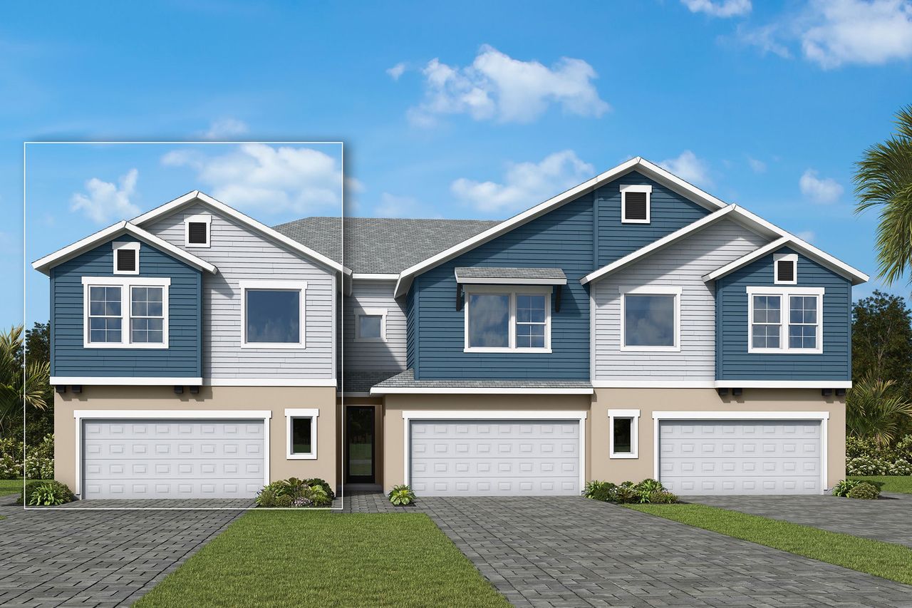 Front exterior of a new home in North River Ranch – Townhomes, Parrish, FL, highlighting curb appeal (Image 2). Front exterior of a new home in North River Ranch – Townhomes, Parrish, FL, highlighting curb appeal (Image 2).