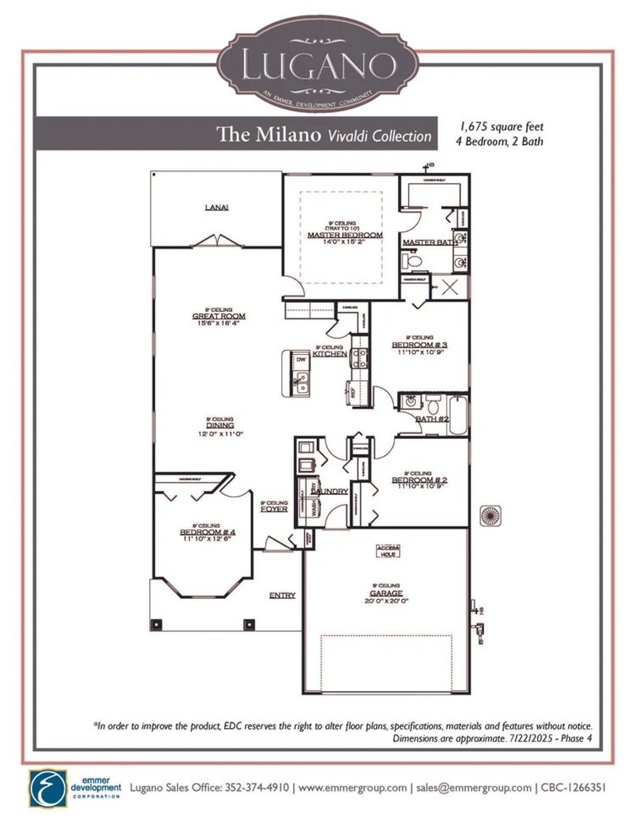 2D floor plan layout for the Milano by The Emmer Group in Lugano, Gainesville, FL (Image 2).