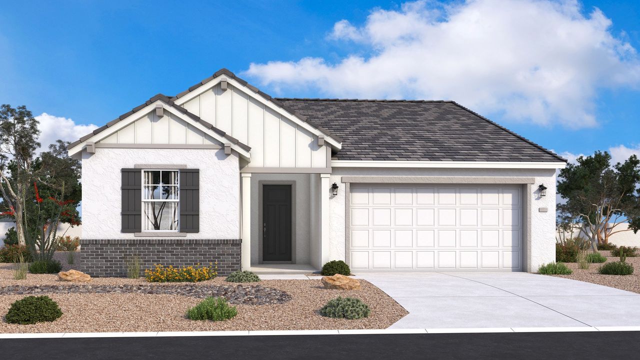 Farmhouse-style single-level Horseshoe exterior with clean lines, welcoming details, timeless character by DRB Homes Arizona