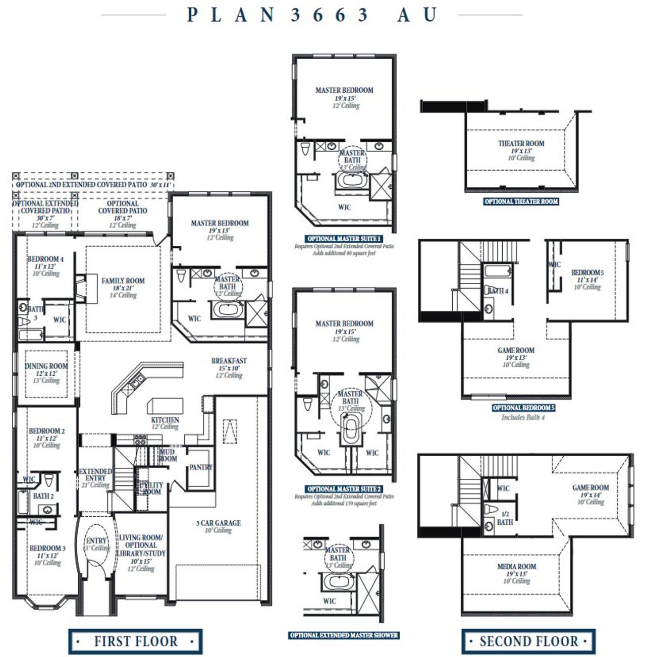 2D floor plan layout for the Plan 3663AU by Ravenna Homes in Audubon 60', Pinehurst, TX (Image 2).