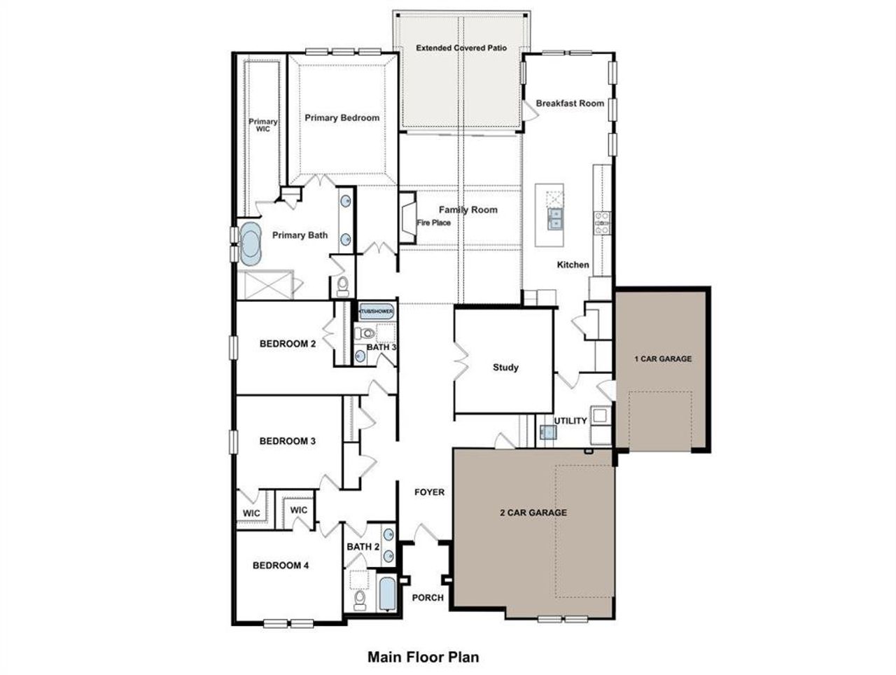 2D floor plan layout of this home in Highland Crossing, Celina, TX (Image 2).