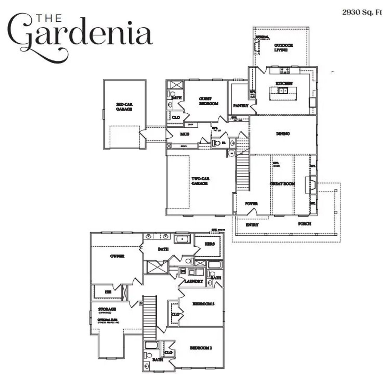 2D floor plan layout for the Gardenia by Vision Home Crafters in Old Town Estates, Dacula, GA (Image 2).