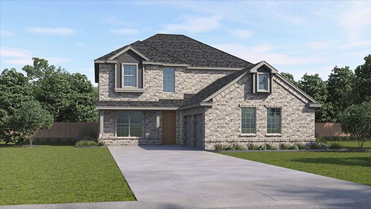 Representative exterior photo of a completed home built from the Leander by D.R. Horton in Peachtree Meadows, Rockwall, TX (Image 2). Representative exterior photo of a completed home built from the Leander by D.R. Horton in Peachtree Meadows, Rockwall, TX (Image 2).