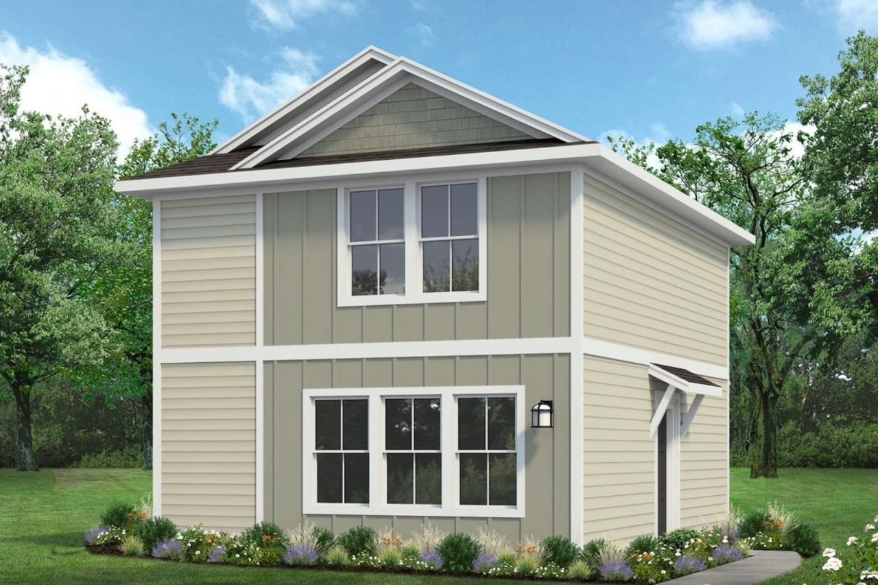 Rendered image of two story green home with landscaping and sky