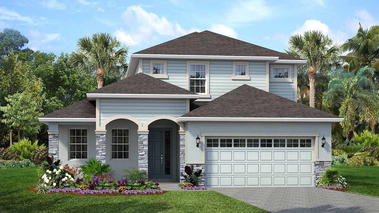 Representative exterior photo of a completed home built from the Pensacola by Park Square Residential in Marisol Pointe at MiraBay Florida Series, Apollo Beach, FL (Image 2).