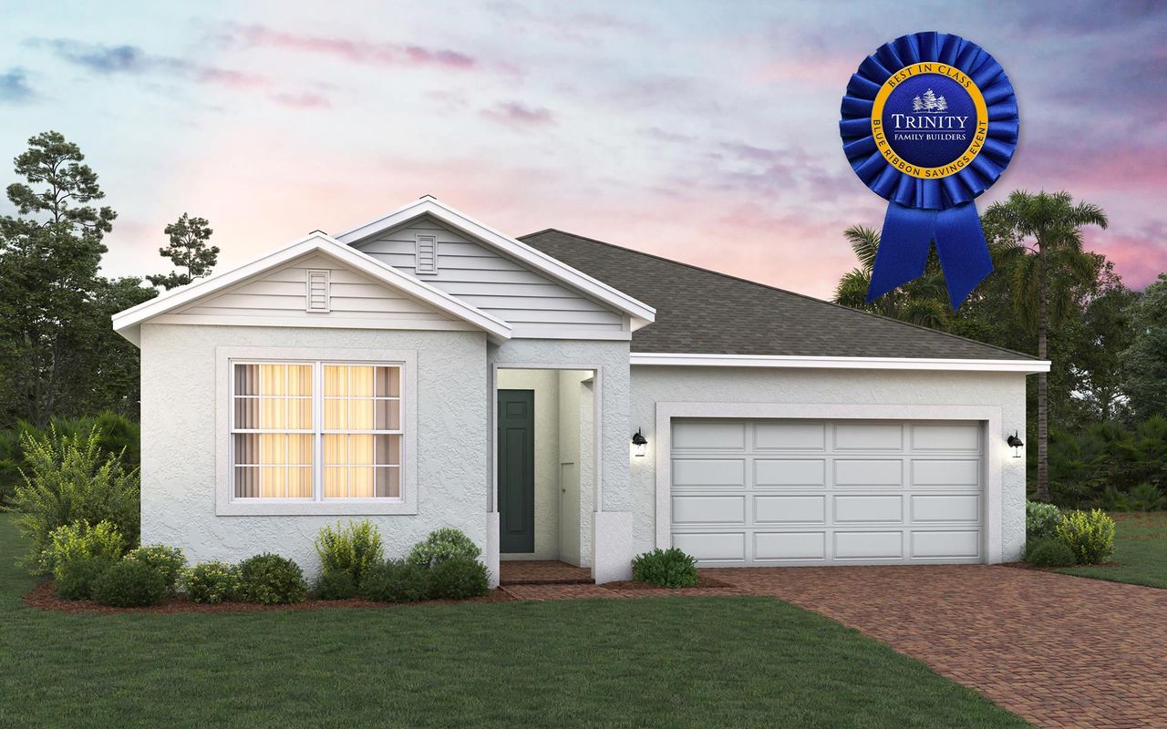 Front exterior of a new home in Trinity Place, St. Cloud, FL, highlighting curb appeal (Image 2). Front exterior of a new home in Trinity Place, St. Cloud, FL, highlighting curb appeal (Image 2).