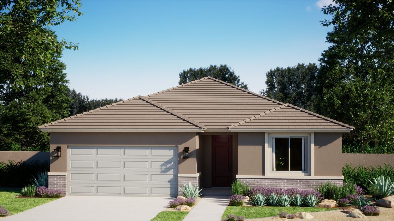 Front exterior of a new home in Wildera, Queen Creek, AZ, highlighting curb appeal (Image 2).