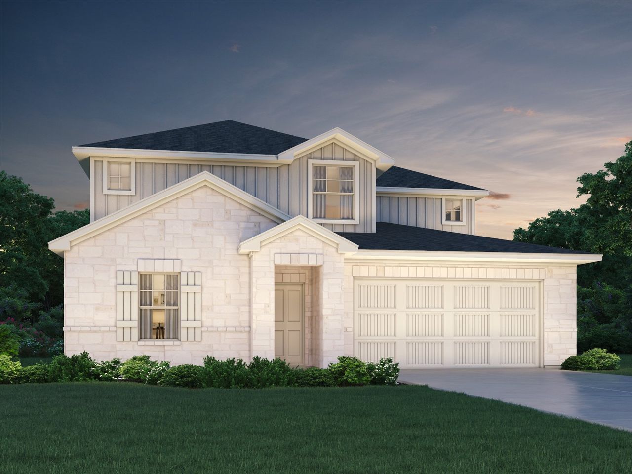 Representative exterior photo of a completed home built from the The Pearl (452) by Meritage Homes in Butler Farms - Boulevard Collection, Liberty Hill, TX (Image 2).