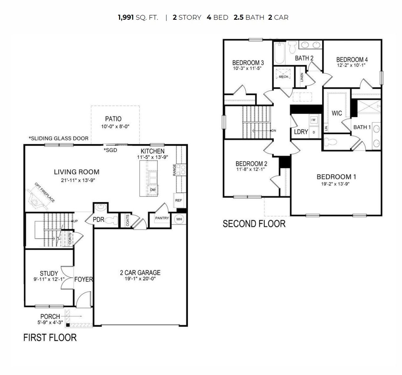 2D floor plan layout for the Belhaven by D.R. Horton in Cypress Landing, Hardeeville, SC (Image 2).