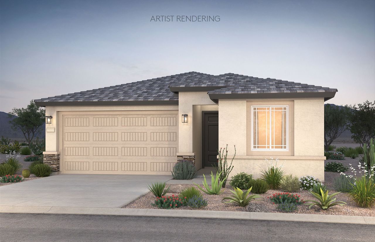 Front exterior of a new home in Visara, Surprise, AZ, highlighting curb appeal (Image 2).