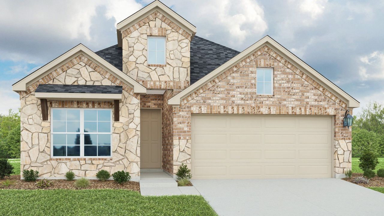 Representative exterior photo of a completed home built from the Aruba by DRB Homes in Prairie Green, Converse, TX (Image 2). Representative exterior photo of a completed home built from the Aruba by DRB Homes in Prairie Green, Converse, TX (Image 2).