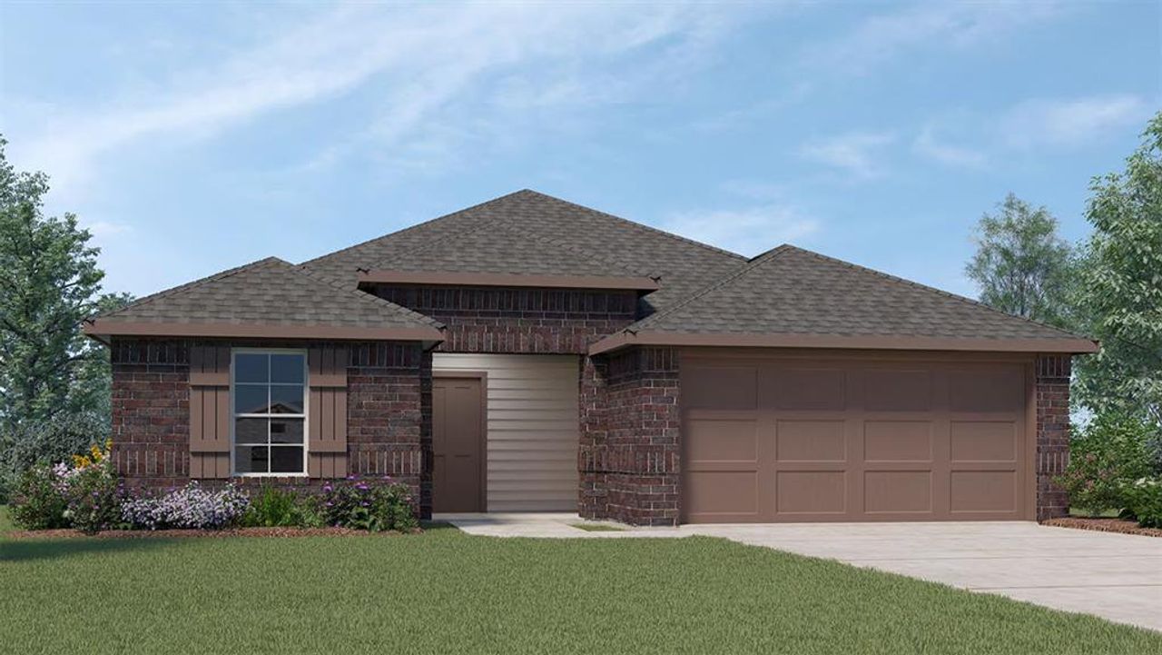 Front exterior of a new home in Stonewyck Farms, Ennis, TX, highlighting curb appeal (Image 2). Front exterior of a new home in Stonewyck Farms, Ennis, TX, highlighting curb appeal (Image 2).