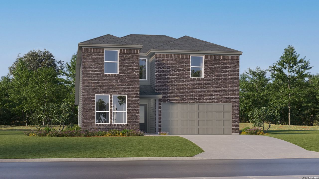 Front exterior of a new home in Grace Valley, Cibolo, TX, highlighting curb appeal (Image 2). Front exterior of a new home in Grace Valley, Cibolo, TX, highlighting curb appeal (Image 2).