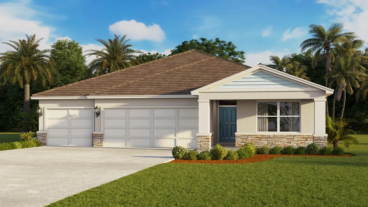 Front exterior of a new home in Ironwood, Daytona Beach, FL, highlighting curb appeal (Image 2). Front exterior of a new home in Ironwood, Daytona Beach, FL, highlighting curb appeal (Image 2).