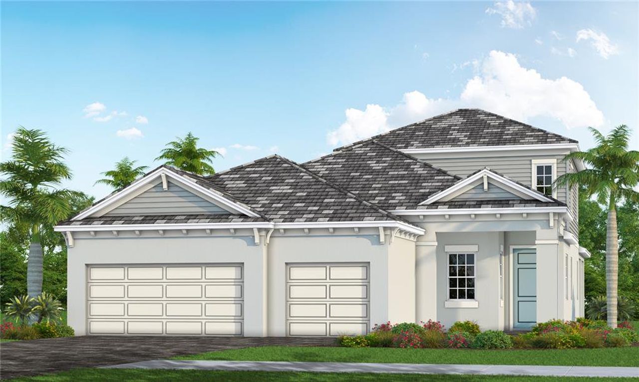 Front exterior of a new home in Palm Grove, Lakewood Ranch, FL, highlighting curb appeal (Image 2). Front exterior of a new home in Palm Grove, Lakewood Ranch, FL, highlighting curb appeal (Image 2).