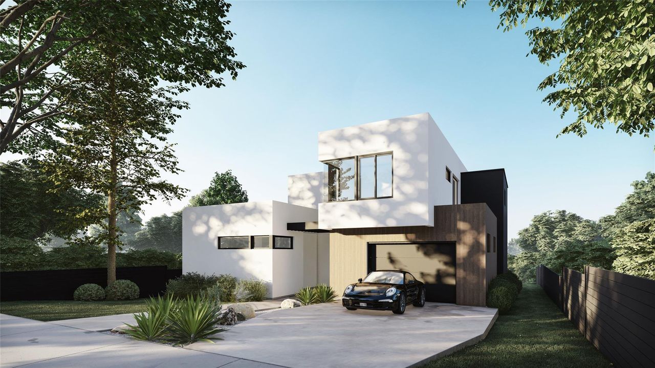 Modern architectural exterior featuring white stucco, dark wood-finish accents, and a black garage door