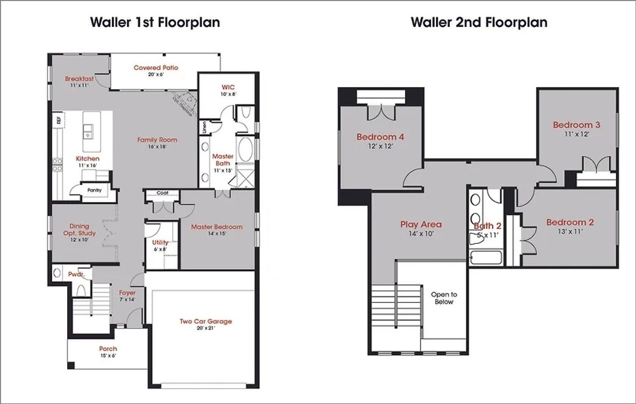2D floor plan layout for the Waller by Kendall Homes in Deer Pines, Conroe, TX (Image 2).