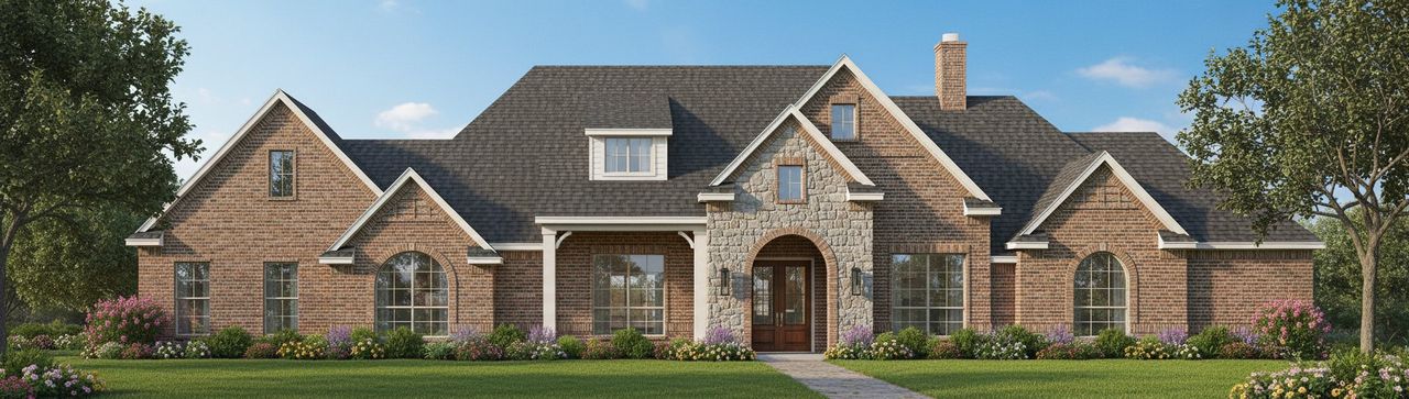 Representative exterior photo of a completed home built from the The Pasadena by Kenmark Homes in Cotten Creek, Azle, TX (Image 2). Representative exterior photo of a completed home built from the The Pasadena by Kenmark Homes in Cotten Creek, Azle, TX (Image 2).