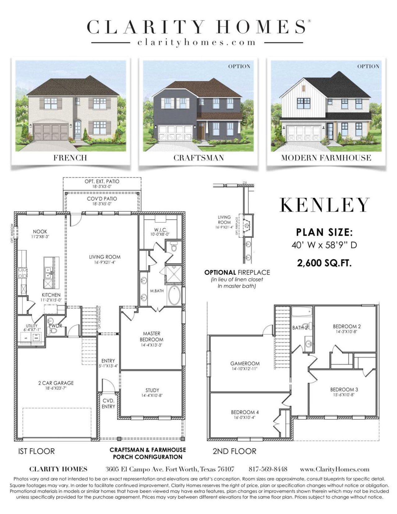 2D floor plan layout for the Kenley by Clarity Homes in The Lakes At Park Of Aledo, Aledo, TX (Image 2).
