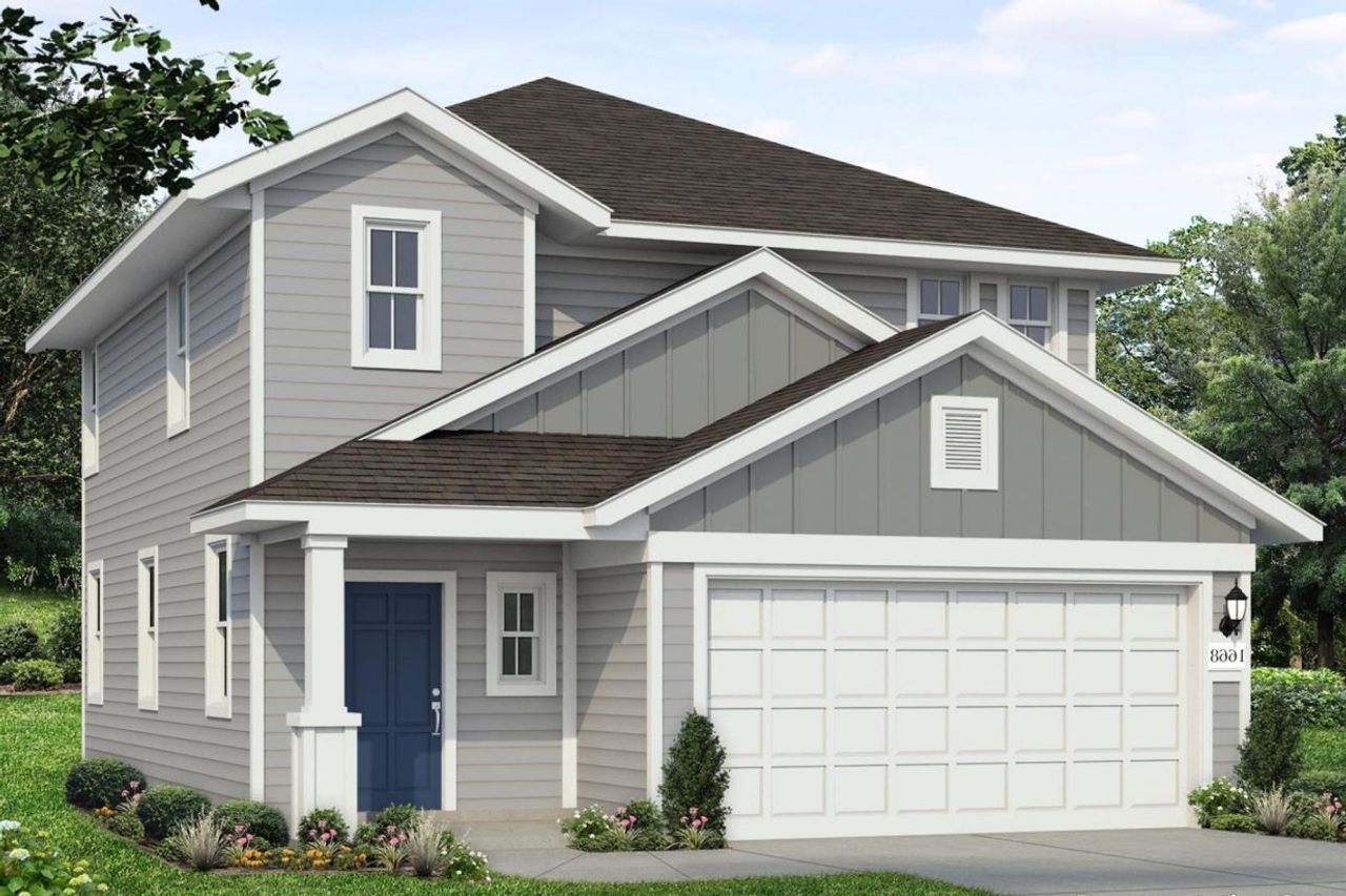 Rendering of two-story two-tone grey home with white trim and garage door and blue front door with landscaping and sky