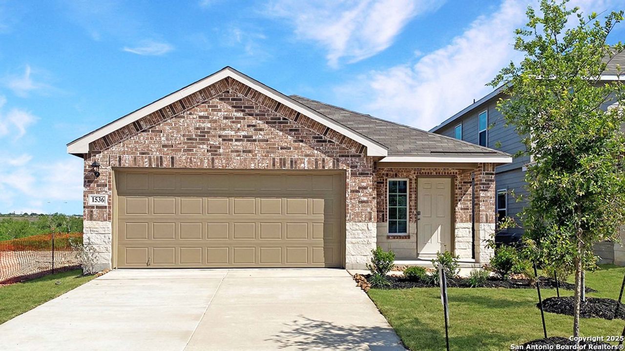 Front exterior of a new home in Winding Creek, New Braunfels, TX, highlighting curb appeal (Image 2). Front exterior of a new home in Winding Creek, New Braunfels, TX, highlighting curb appeal (Image 2).