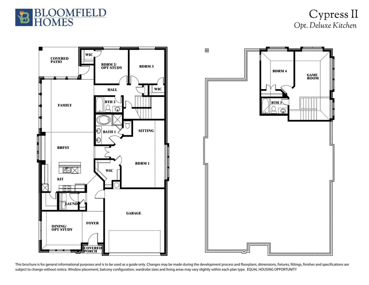 Bloomfield Homes Cypress II floor plan with optional deluxe kitchen, showing 4 bedrooms, 3 bathrooms, game room, and two-car garage. Bloomfield Homes Cypress II floor plan with optional deluxe kitchen, showing 4 bedrooms, 3 bathrooms, game room, and two-car garage.