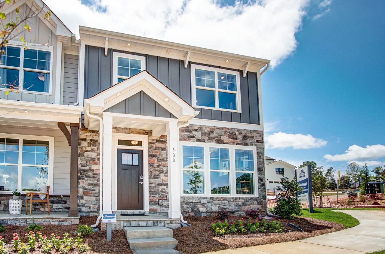 Representative exterior photo of a completed home built from the Cambridge by Eastwood Homes in Bryton Crossing Townhomes, Huntersville, NC (Image 2).