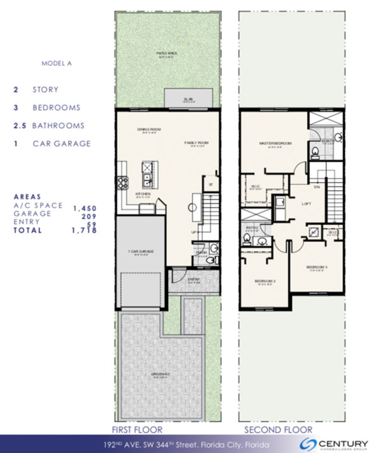 2D floor plan layout for the Bologna by Century Homebuilders Group in Century Park Square, Homestead, FL (Image 2).