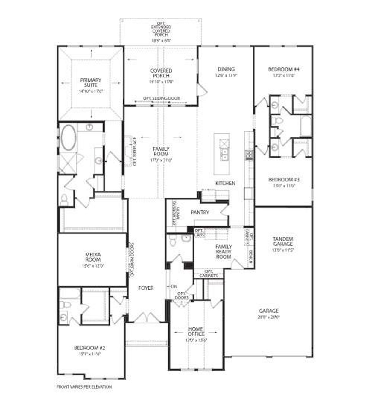 A well-designed floor plan details a spacious primary suite, family room, and home office with optional features throughout.