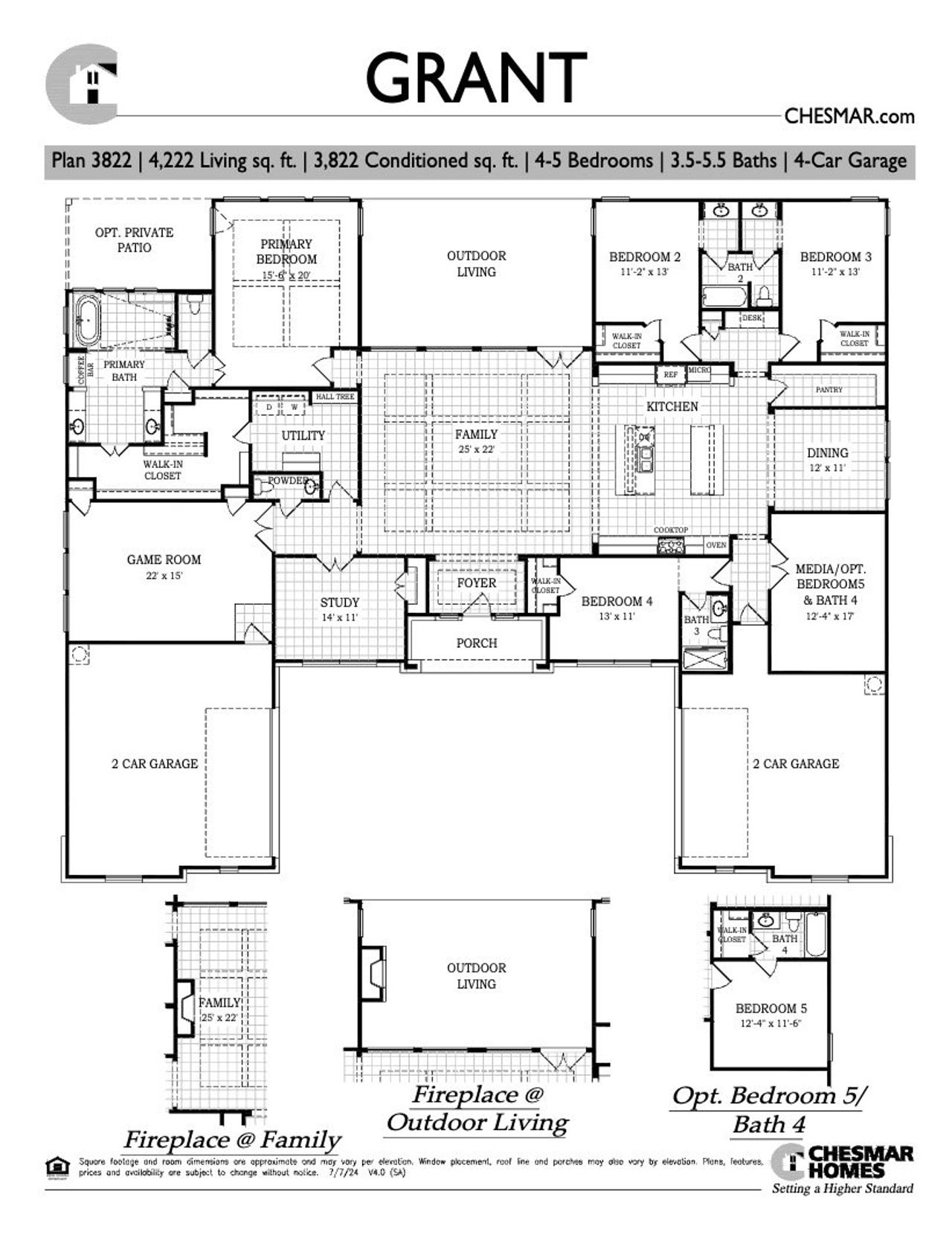 2D floor plan layout for the Grant by Chesmar Homes in Caliza Reserve, Boerne, TX (Image 2).