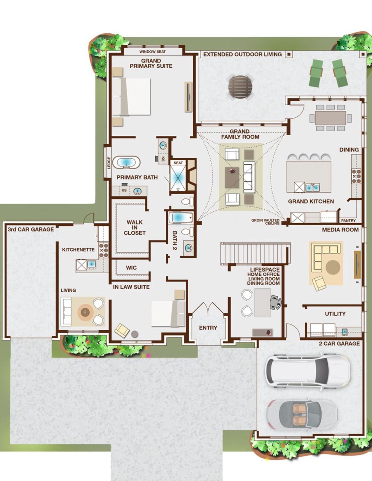 2D floor plan layout for the Grand Whitehall 3 Car Garage with Suite by Grand Homes in Creekside at Elevon, Lavon, TX (Image 2).