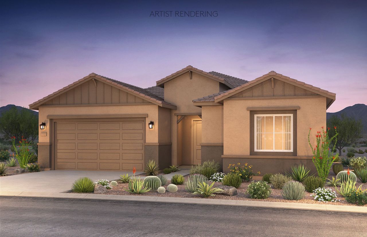 Front exterior of a new home in Artisan at Asante, Surprise, AZ, highlighting curb appeal (Image 2). Front exterior of a new home in Artisan at Asante, Surprise, AZ, highlighting curb appeal (Image 2).