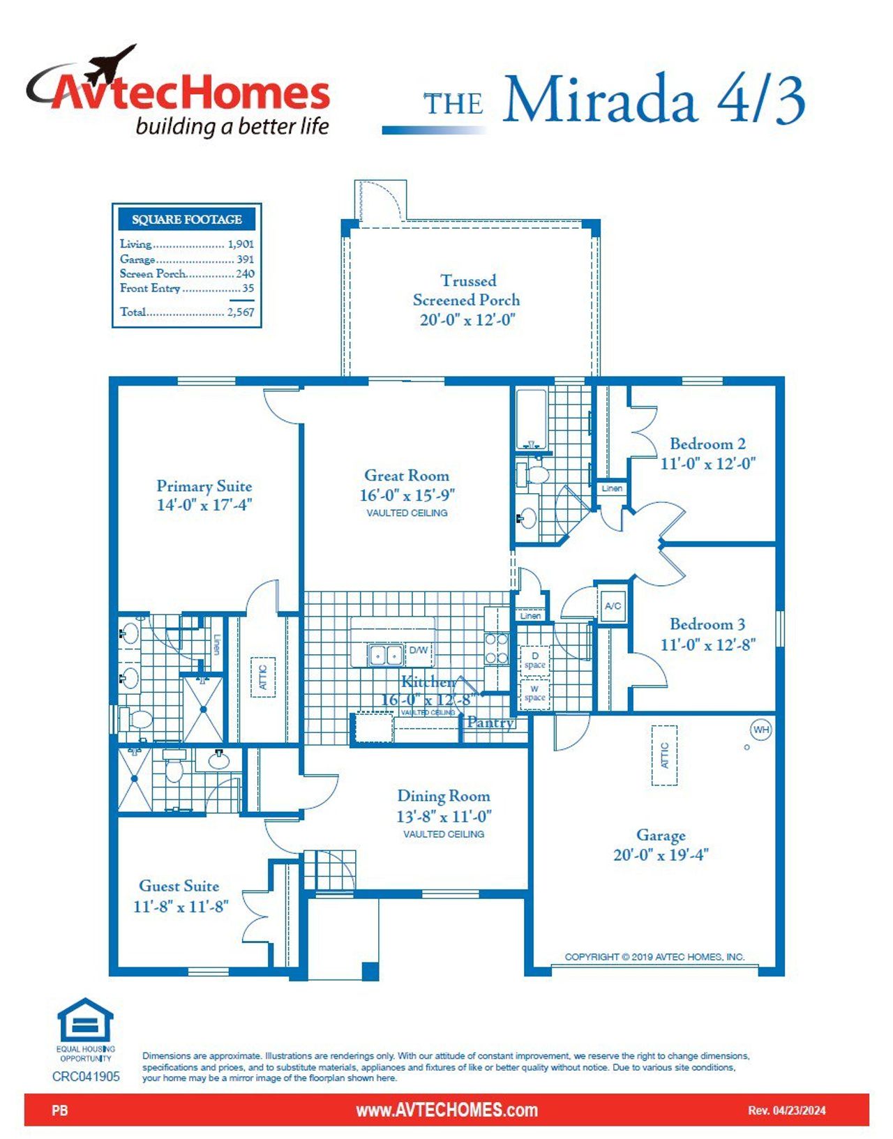 2D floor plan layout for the Mirada 4/3 by Avtec Homes in Palm Bay & South Brevard, Palm Bay, FL (Image 2).