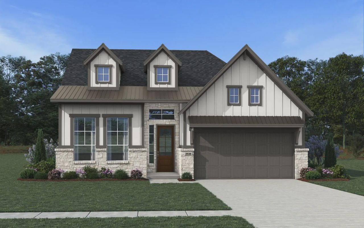 Representative exterior photo of a completed home built from the Lauren by Chesmar Homes in Blue Heron, Mont Belvieu, TX (Image 2).