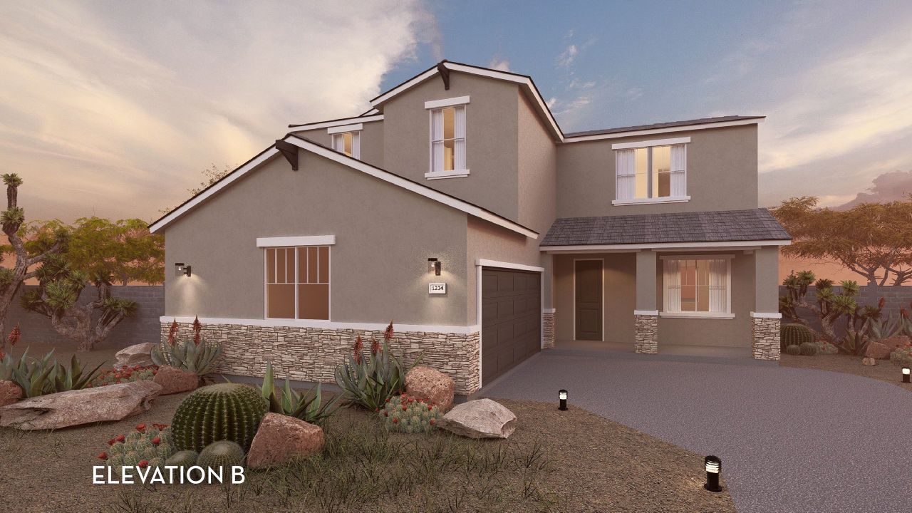 Representative exterior photo of a completed home built from the Cactus Wren by CastleRock Communities in Rancho Santa Rosa, Maricopa, AZ (Image 2). Representative exterior photo of a completed home built from the Cactus Wren by CastleRock Communities in Rancho Santa Rosa, Maricopa, AZ (Image 2).