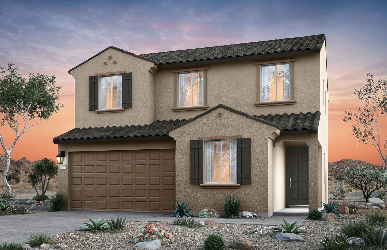Front exterior of a new home in Soleo, San Tan Valley, AZ, highlighting curb appeal (Image 2). Front exterior of a new home in Soleo, San Tan Valley, AZ, highlighting curb appeal (Image 2).