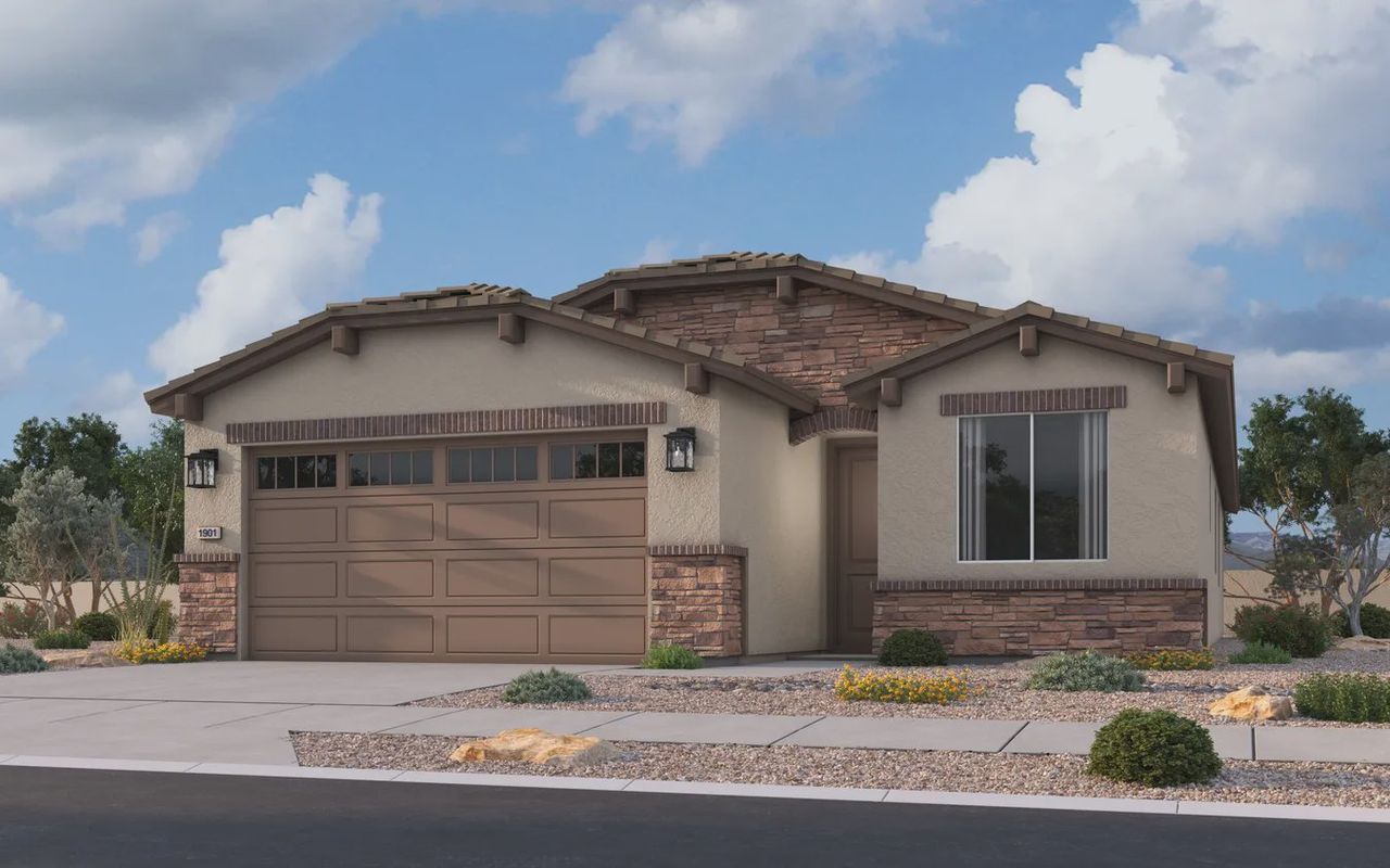 Front exterior of a new home in Camilo at Santana, Yuma, AZ, highlighting curb appeal (Image 2).