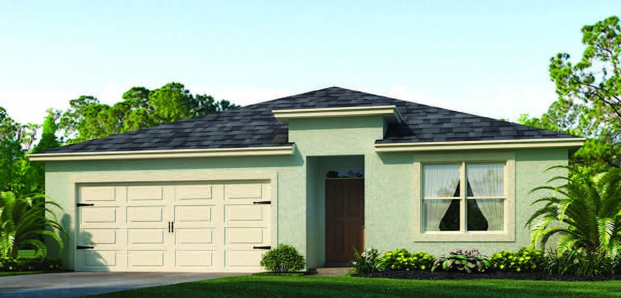 Front exterior of a new home in Cascades, Davenport, FL, highlighting curb appeal (Image 2).