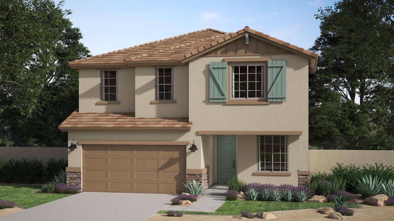 Representative exterior photo of a completed home built from the Aspen by Risewell Homes in Bentridge, Buckeye, AZ (Image 2).