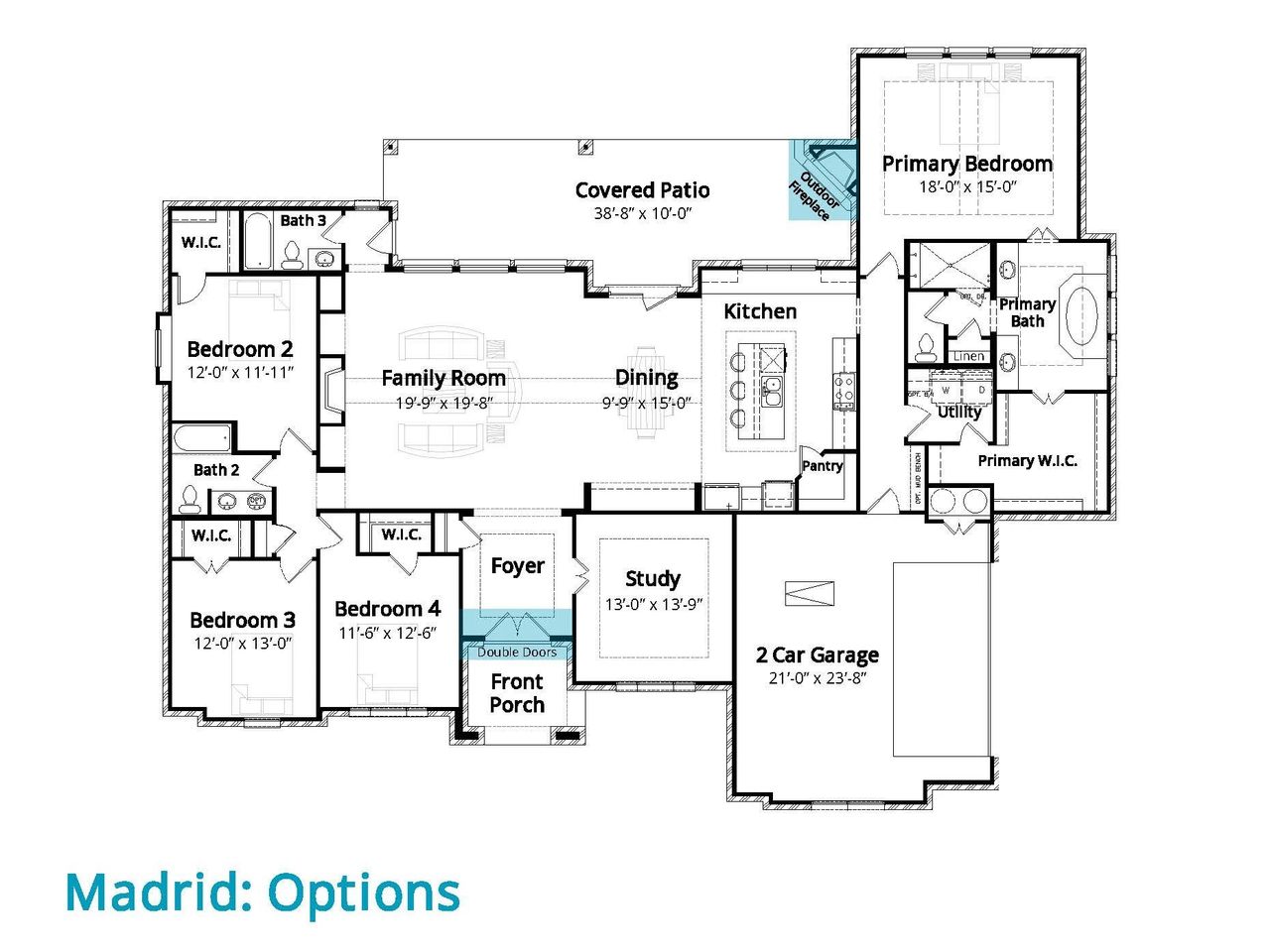 2D floor plan layout for the Madrid by John Houston Homes in Springside Estates, undefined, TX (Image 2). 2D floor plan layout for the Madrid by John Houston Homes in Springside Estates, undefined, TX (Image 2).