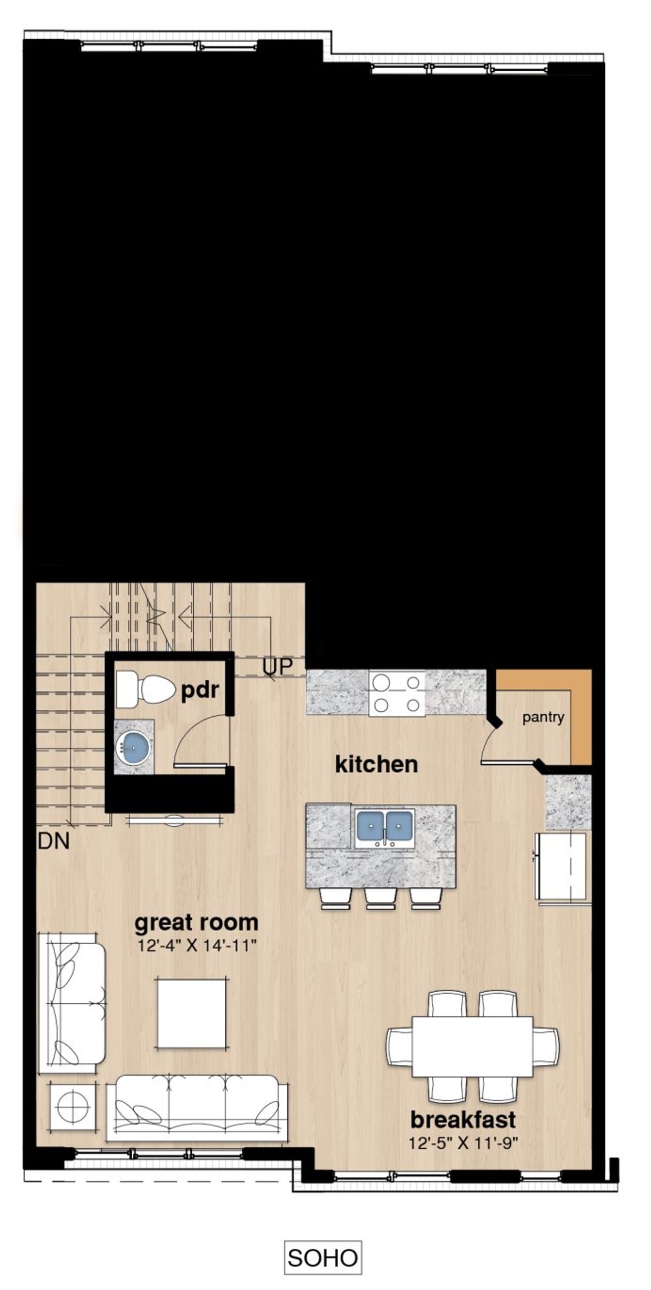 2D floor plan layout for the Soho by Envision Homes in Walker Row, Cary, NC (Image 2). 2D floor plan layout for the Soho by Envision Homes in Walker Row, Cary, NC (Image 2).