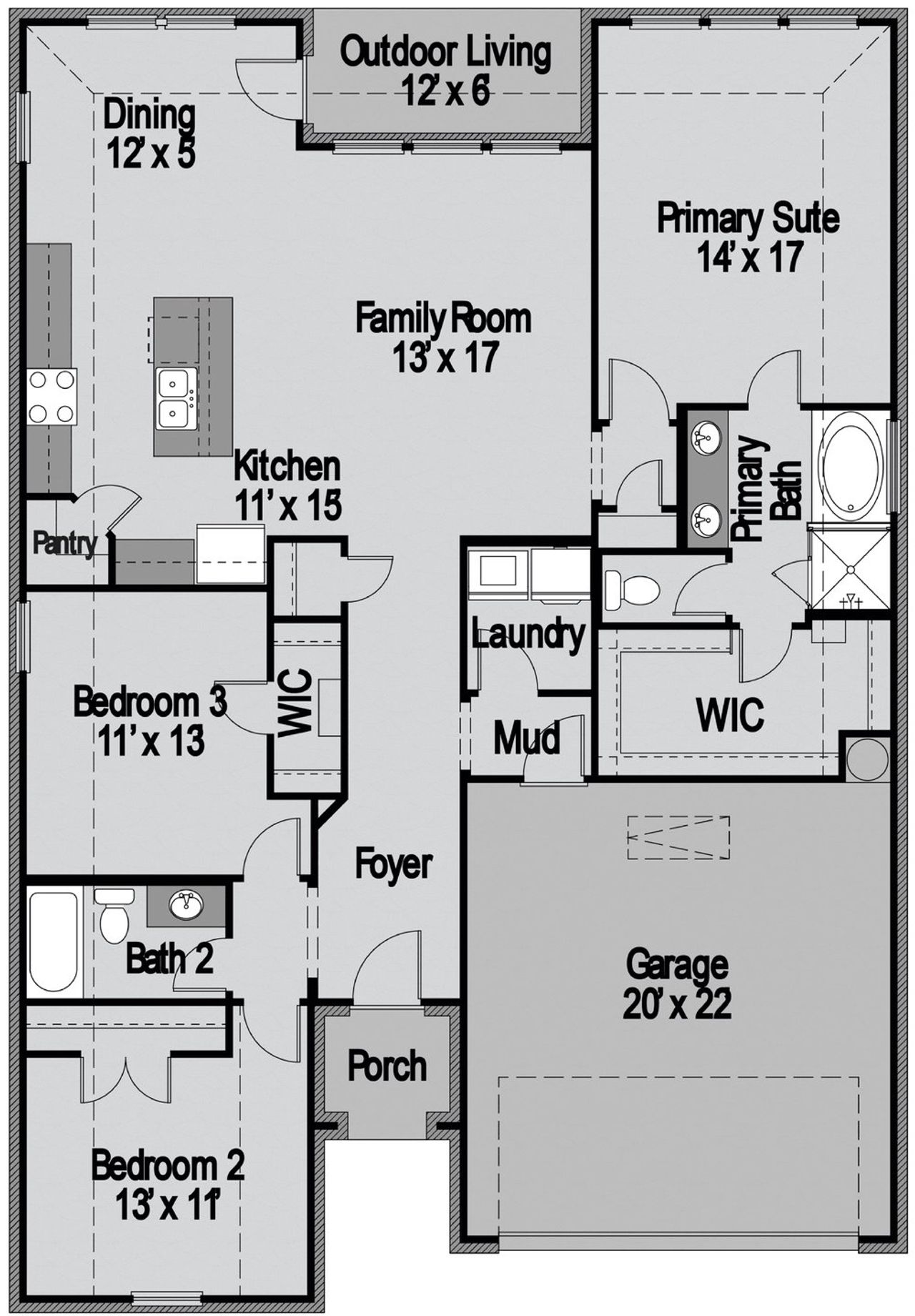2D floor plan layout for the Pecos by UnionMain Homes in Brookville Estates, Forney, TX (Image 2). 2D floor plan layout for the Pecos by UnionMain Homes in Brookville Estates, Forney, TX (Image 2).