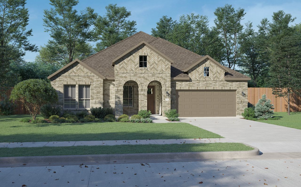 Front exterior of a new home in Rainwater Crossing, Celina, TX, highlighting curb appeal (Image 2). Front exterior of a new home in Rainwater Crossing, Celina, TX, highlighting curb appeal (Image 2).