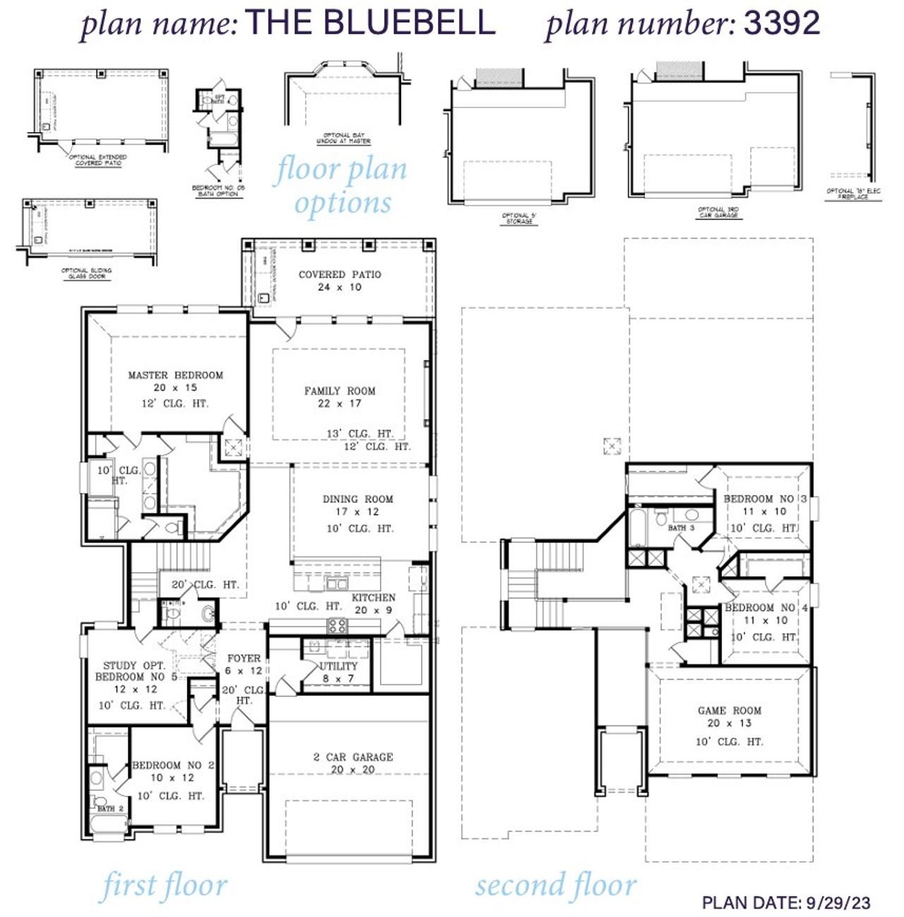 2D floor plan layout for the Bluebell 3392 by J. Patrick Homes in ARTAVIA 55' Lots, Conroe, TX (Image 2).