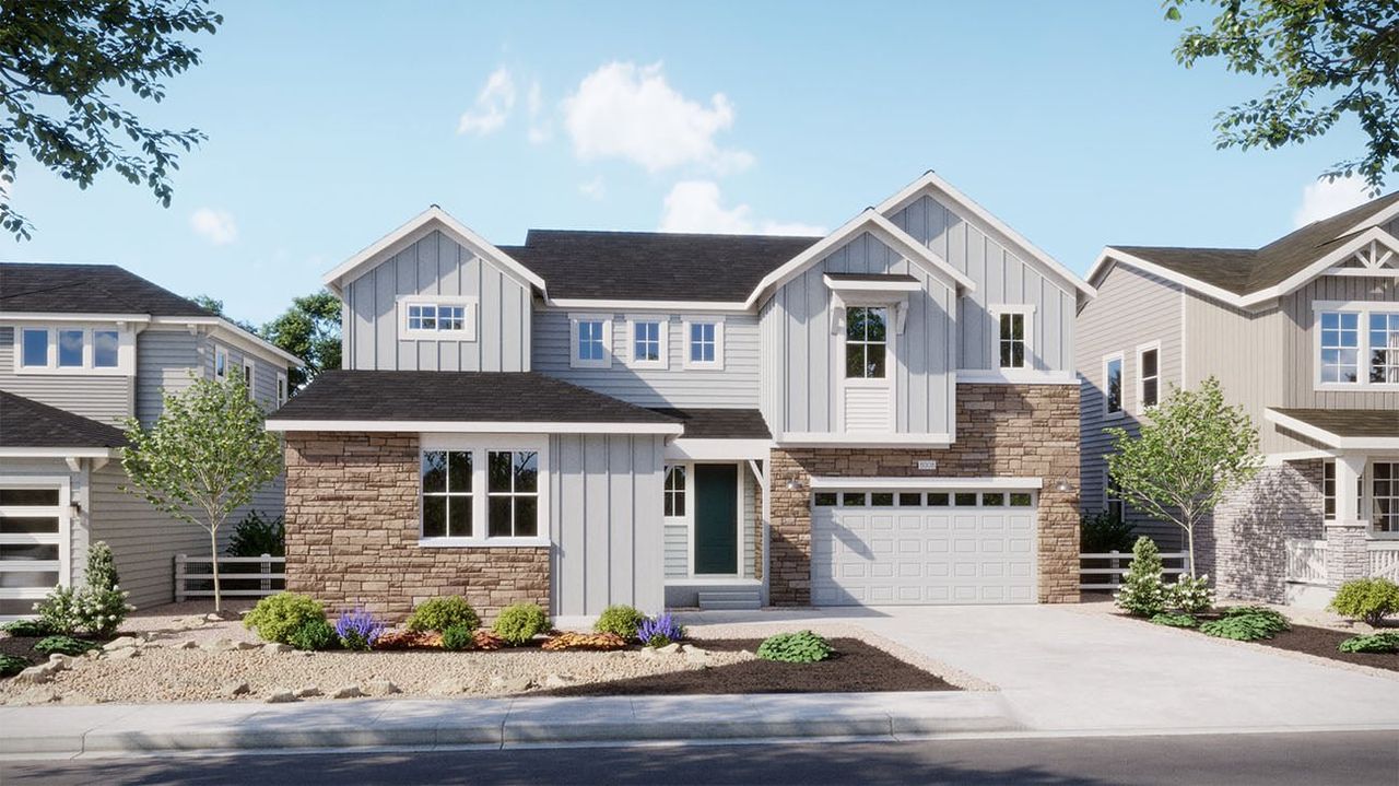 Front exterior of a new home in The Estates Collection at Murphy Creek, Aurora, CO, highlighting curb appeal (Image 2). Front exterior of a new home in The Estates Collection at Murphy Creek, Aurora, CO, highlighting curb appeal (Image 2).