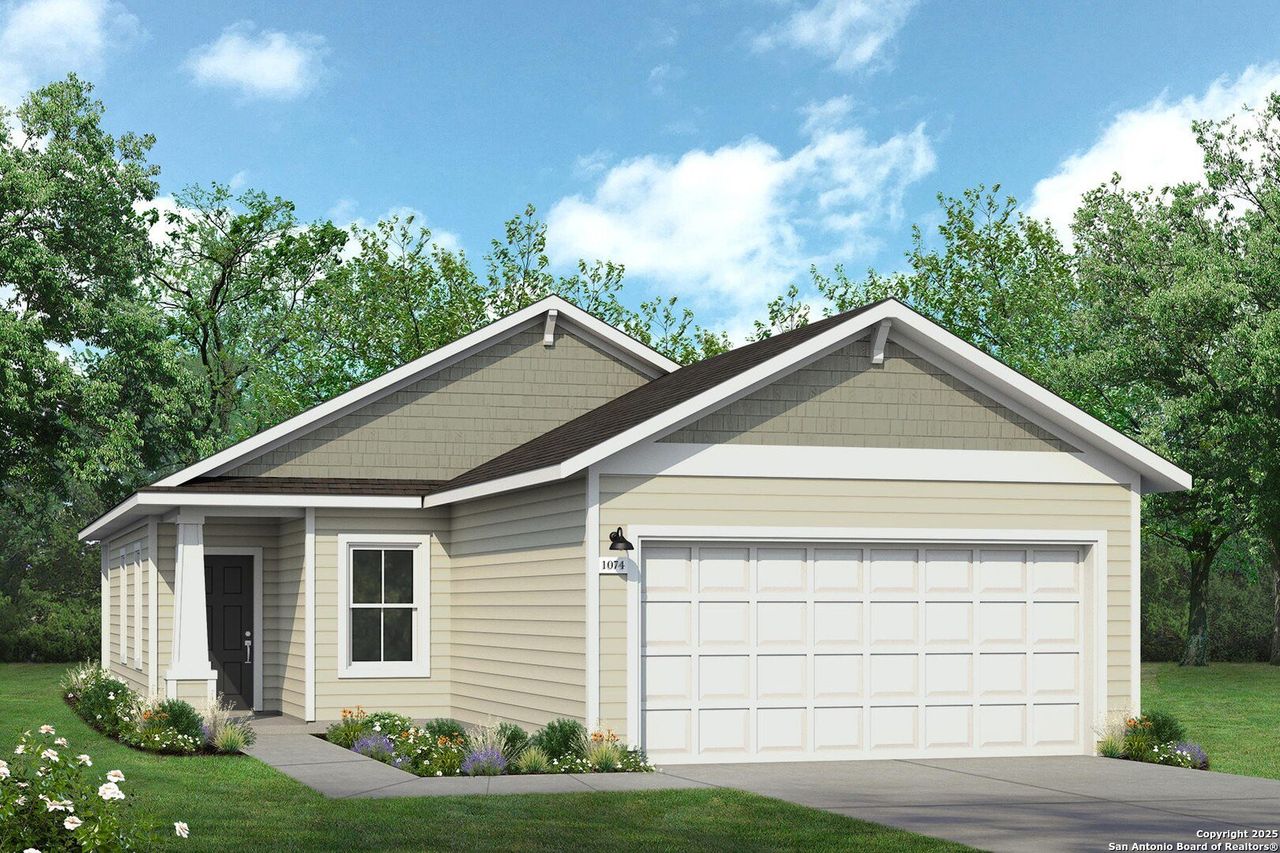 Front exterior of a new home in Hunters Ranch, San Antonio, TX, highlighting curb appeal (Image 2).