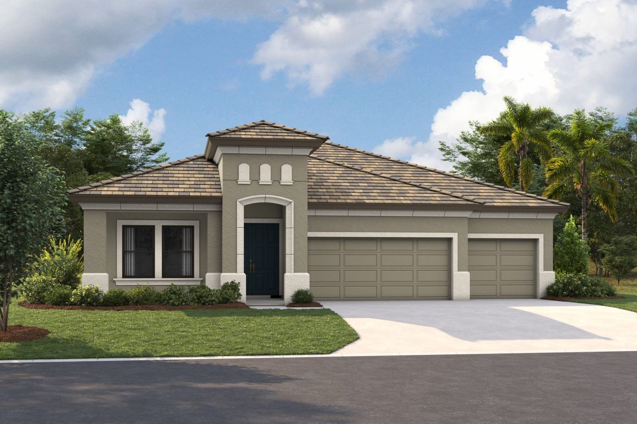 Representative exterior photo of a completed home built from the Bayport I by Homes by WestBay in Two Rivers, Zephyrhills, FL (Image 2).