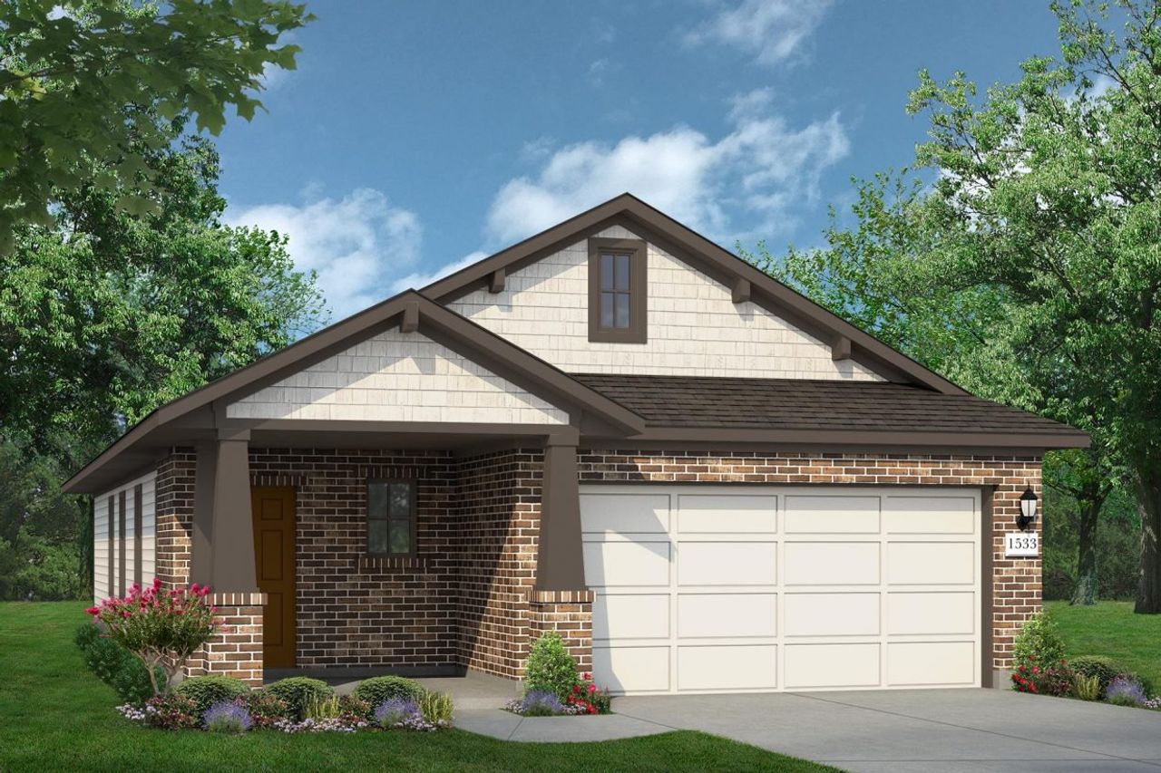 Rendering of one story home with brick, light siding and garage, and brown door