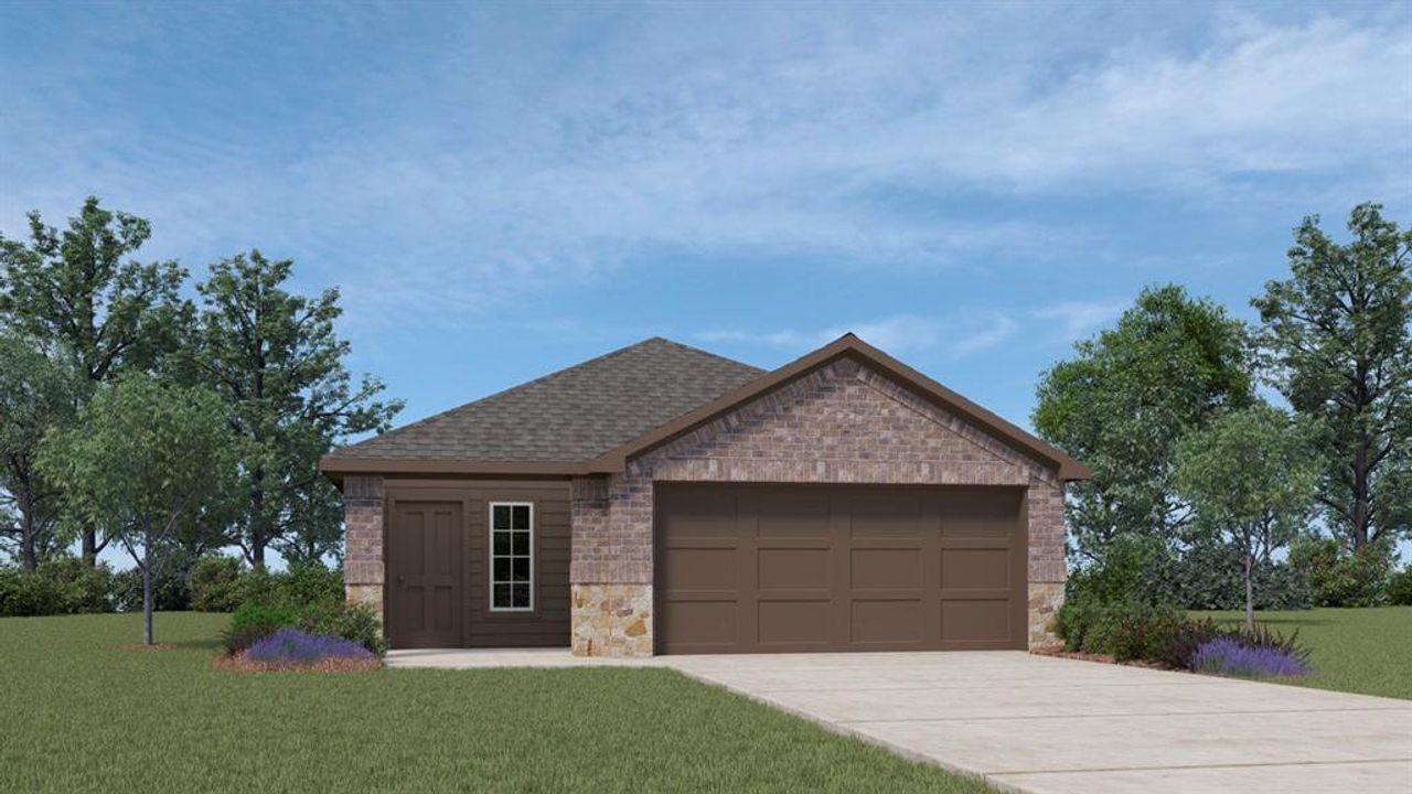 Front exterior of a new home in Elevon, Lavon, TX, highlighting curb appeal (Image 2). Front exterior of a new home in Elevon, Lavon, TX, highlighting curb appeal (Image 2).